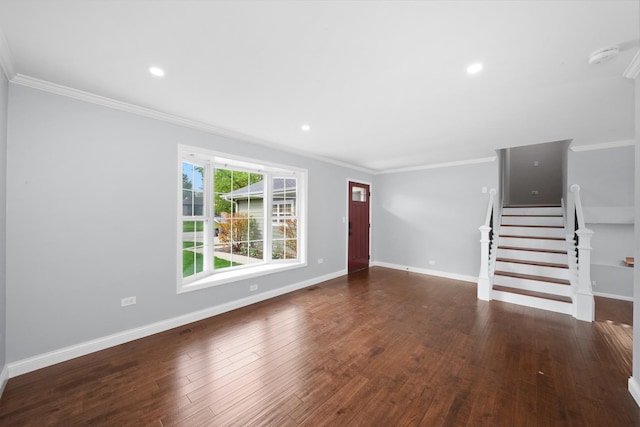 unfurnished living room featuring wood-type flooring, stairway, baseboards, ornamental molding, and recessed lighting