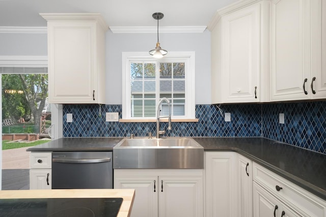 kitchen with dishwasher, a sink, dark countertops, black electric stovetop, and tasteful backsplash