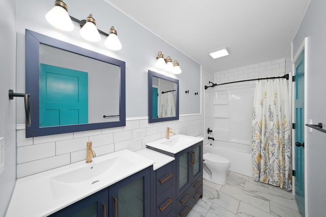bathroom featuring shower / tub combo, double vanity, toilet, marble look tile flooring, and tile walls