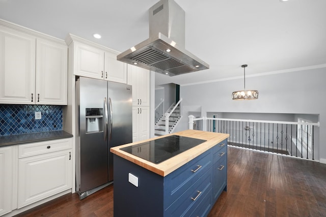 kitchen featuring island exhaust hood, stainless steel refrigerator with ice dispenser, blue cabinets, black electric cooktop, and white cabinets
