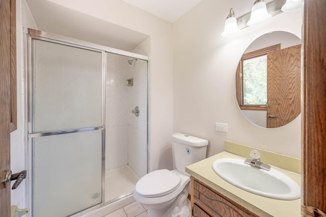 full bath featuring a stall shower, toilet, and vanity