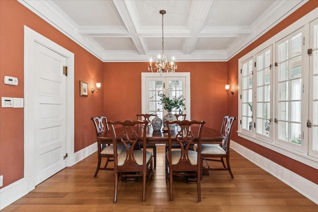 2423 Harrison St, Evanston, IL 60201 - dining area with a chandelier, beam ceiling, wood finished floors, coffered ceiling, and baseboards