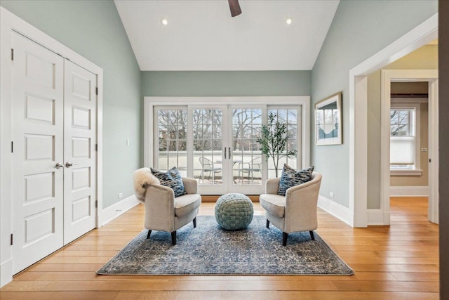 2423 Harrison St, Evanston, IL 60201 - sitting room featuring lofted ceiling, hardwood / wood-style flooring, baseboards, ceiling fan, and recessed lighting