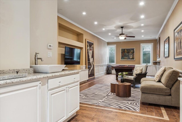 2423 Harrison St, Evanston, IL 60201 - living room featuring ornamental molding, billiards table, light wood-style flooring, recessed lighting, and ceiling fan