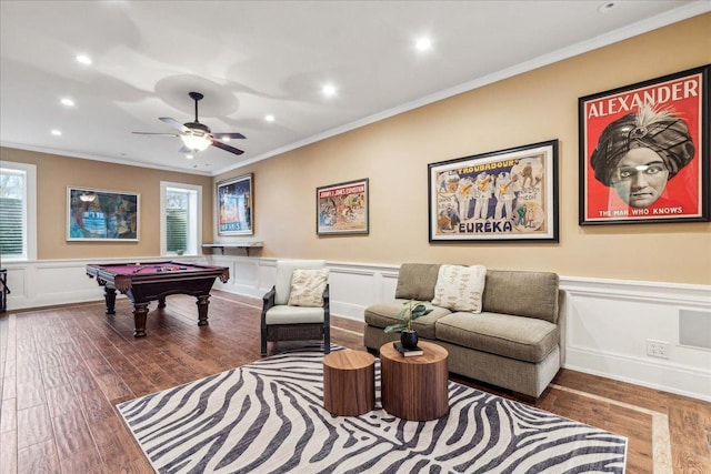 2423 Harrison St, Evanston, IL 60201 - game room featuring ornamental molding, billiards, wood finished floors, recessed lighting, and a decorative wall