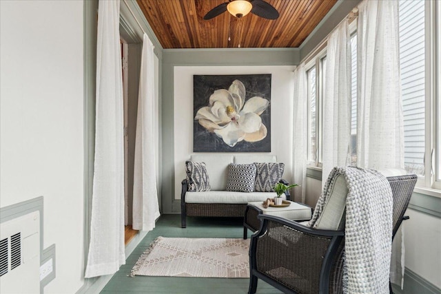 2423 Harrison St, Evanston, IL 60201 - sitting room with wooden ceiling, ceiling fan, and wood finished floors
