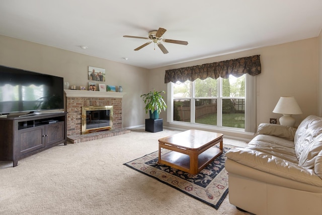 726 W Trl, Grayslake, IL 60030 - living area with ceiling fan, light carpet, and a brick fireplace