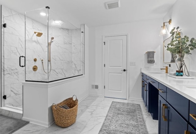 bathroom with marble look tiles, a shower stall, and baseboards