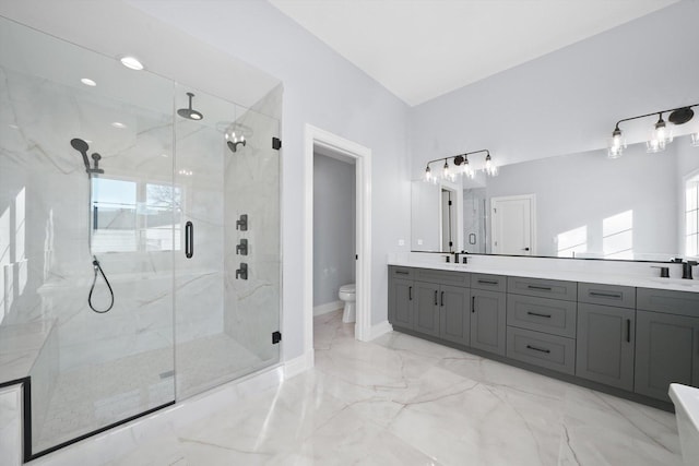622 S Euclid Ave, Elmhurst, IL 60126 - bathroom featuring a marble finish shower, toilet, double vanity, marble finish flooring, and baseboards