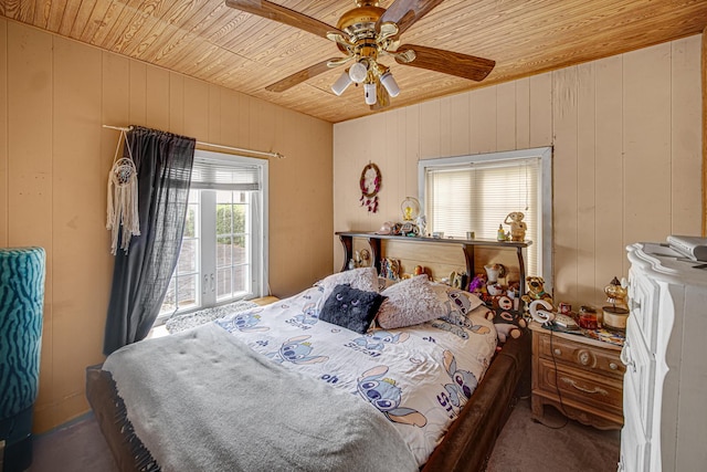 2748 Bellwood Ave, Melrose Park, IL 60164 - bedroom featuring wood ceiling, wood walls, a ceiling fan, and carpet floors