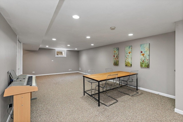 carpeted office with recessed lighting and baseboards