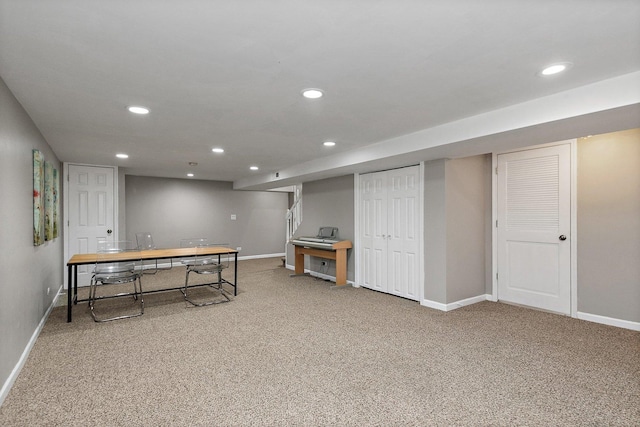 game room with baseboards, carpet floors, and recessed lighting