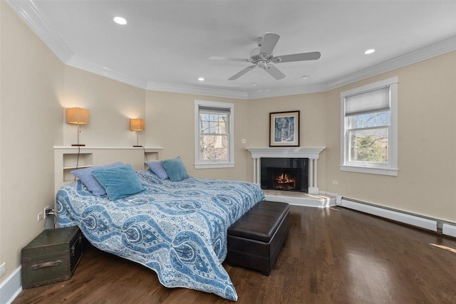 794 Dean Ave, Highland Park, IL 60035 - bedroom featuring wood finished floors, ornamental molding, a warm lit fireplace, recessed lighting, and a ceiling fan
