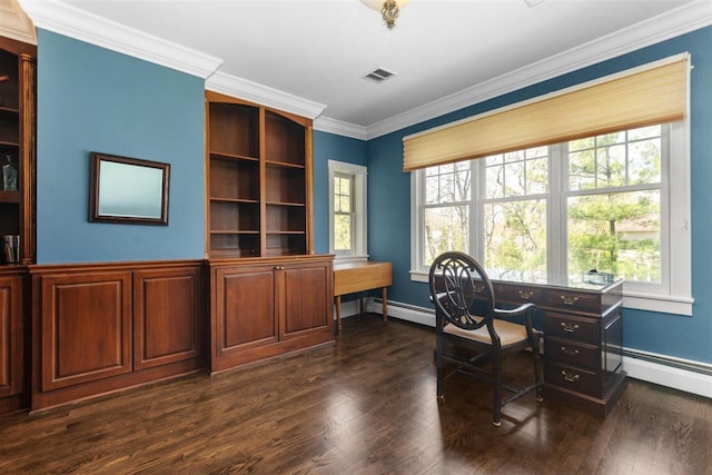 794 Dean Ave, Highland Park, IL 60035 - office area featuring dark wood-type flooring, crown molding, baseboards, and plenty of natural light