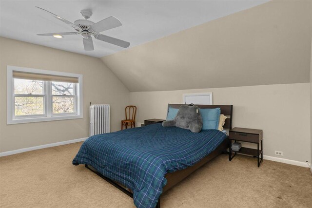 794 Dean Ave, Highland Park, IL 60035 - bedroom featuring radiator heating unit, carpet floors, baseboards, lofted ceiling, and ceiling fan