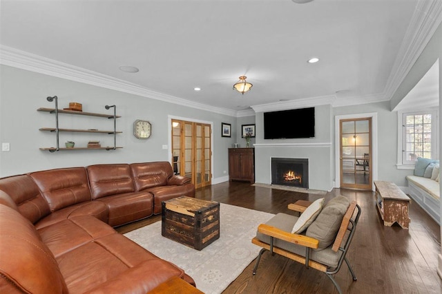 794 Dean Ave, Highland Park, IL 60035 - living room featuring wood finished floors, a fireplace with flush hearth, recessed lighting, crown molding, and french doors
