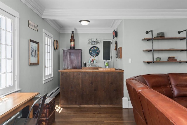 794 Dean Ave, Highland Park, IL 60035 - bar with dark wood-style flooring, crown molding, and baseboard heating