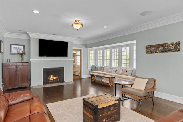 794 Dean Ave, Highland Park, IL 60035 - living area featuring wood finished floors, a fireplace with flush hearth, ornamental molding, baseboards, and recessed lighting