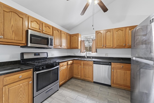 16215 S Trumbull Ave S, Markham, IL 60428 - kitchen with stainless steel appliances, a sink, vaulted ceiling, and brown cabinetry