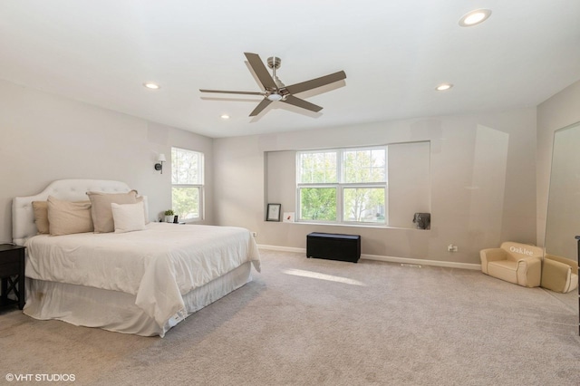 bedroom featuring recessed lighting, carpet, baseboards, and a ceiling fan