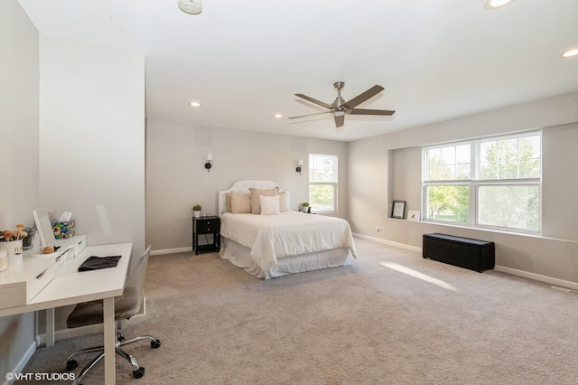 carpeted bedroom featuring baseboards, recessed lighting, an office area, and ceiling fan