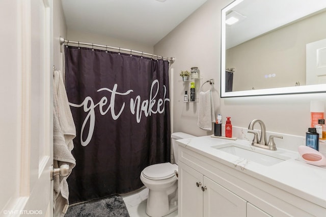 full bath with toilet, vanity, marble finish flooring, and curtained shower