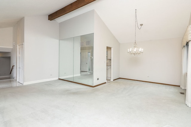 1116 N Old Fence Rd, Addison, IL 60101 - unfurnished dining area with high vaulted ceiling, light colored carpet, a chandelier, and beamed ceiling