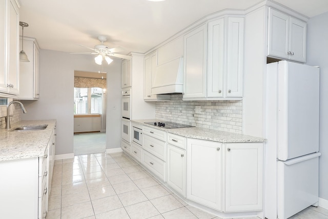 1116 N Old Fence Rd, Addison, IL 60101 - kitchen with white appliances, custom range hood, ceiling fan, backsplash, and light tile patterned floors