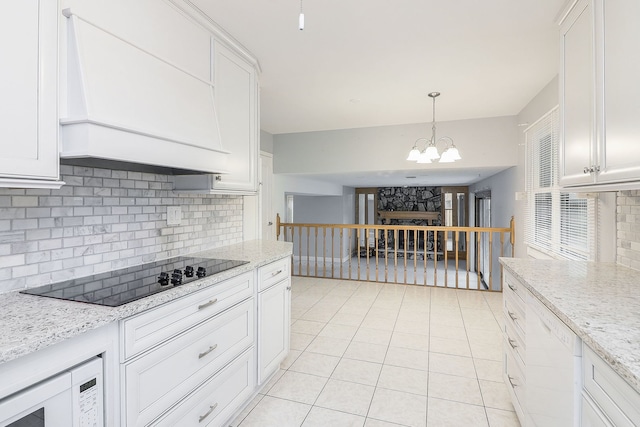 1116 N Old Fence Rd, Addison, IL 60101 - kitchen featuring white appliances, custom range hood, decorative backsplash, light tile patterned floors, and white cabinetry