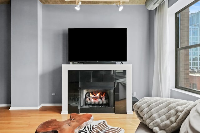 living area with rail lighting, wood finished floors, a warm lit fireplace, and plenty of natural light