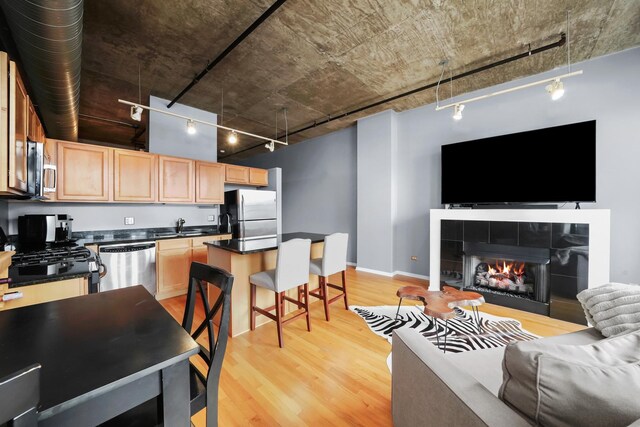 living room with rail lighting, light wood-style floors, baseboards, and a tile fireplace