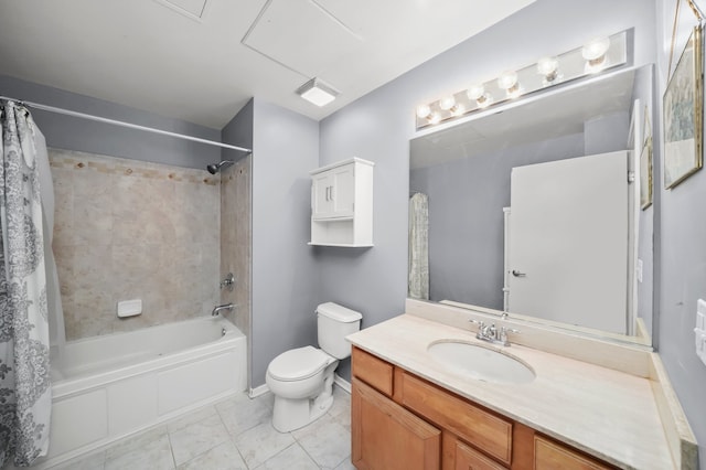 bathroom with shower / bathtub combination with curtain, toilet, tile patterned flooring, and vanity