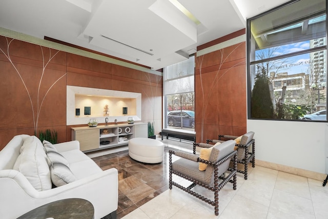 building lobby with wood walls
