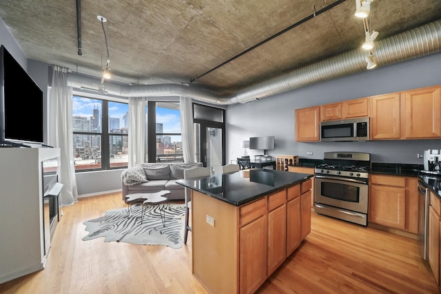 kitchen with stainless steel appliances, light wood finished floors, a kitchen island, and open floor plan