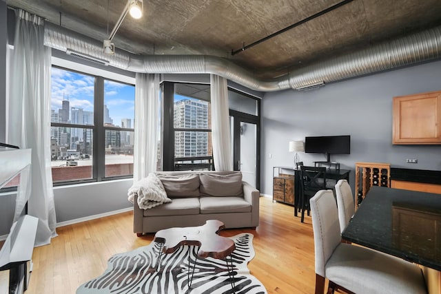 living room with a skyline view, light wood-type flooring, and baseboards