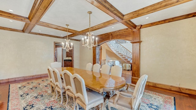 137 Singletree Rd, Orland Park, IL 60467 - dining space featuring hardwood / wood-style floors, a chandelier, coffered ceiling, beamed ceiling, and stairs