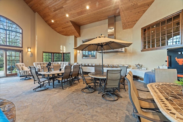 137 Singletree Rd, Orland Park, IL 60467 - dining room with high vaulted ceiling, wooden ceiling, and recessed lighting