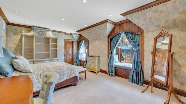 137 Singletree Rd, Orland Park, IL 60467 - carpeted bedroom with crown molding, baseboards, recessed lighting, and wallpapered walls