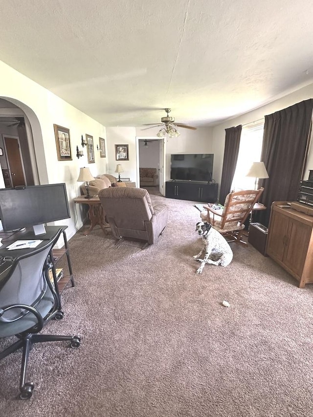 210 W S St, Sheffield, IL 61361 - living room featuring carpet flooring, arched walkways, a ceiling fan, and a textured ceiling