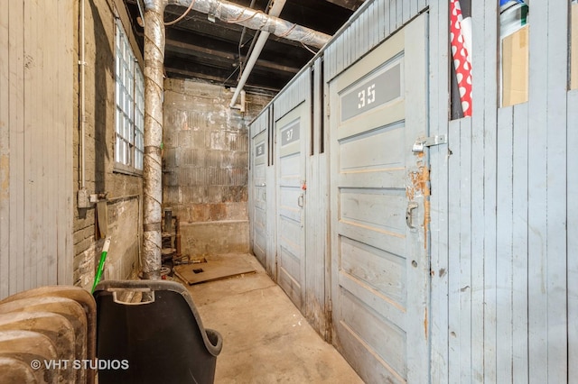 below grade area featuring wood walls