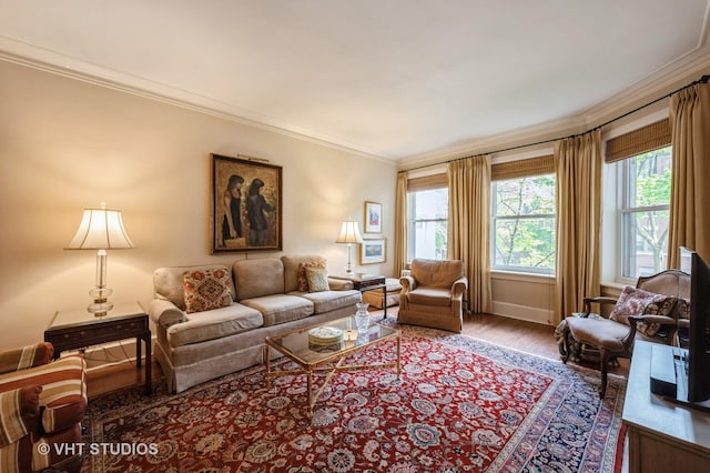 living room with wood finished floors, crown molding, and baseboards