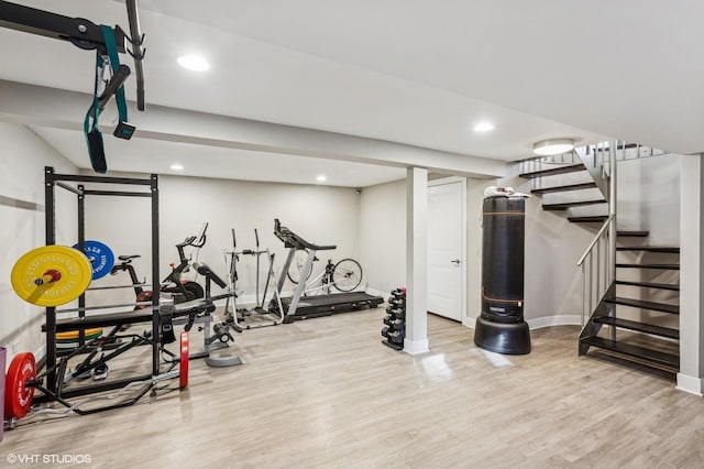 2751 Prairie Ave, Evanston, IL 60201 - workout room featuring wood finished floors, recessed lighting, and baseboards