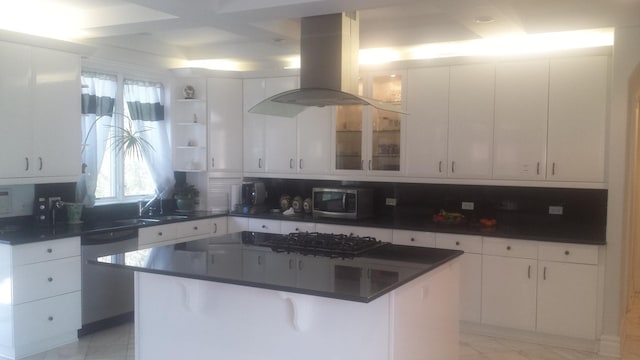 kitchen with appliances with stainless steel finishes, island exhaust hood, open shelves, and dark countertops