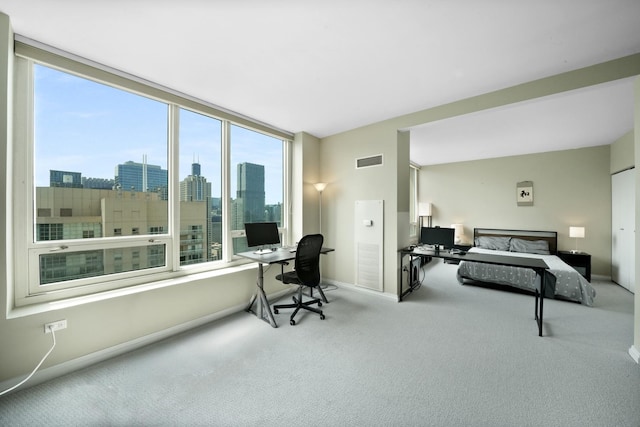 carpeted bedroom featuring baseboards, an office area, and multiple windows