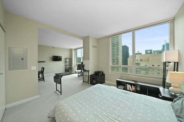 carpeted bedroom featuring baseboards and electric panel