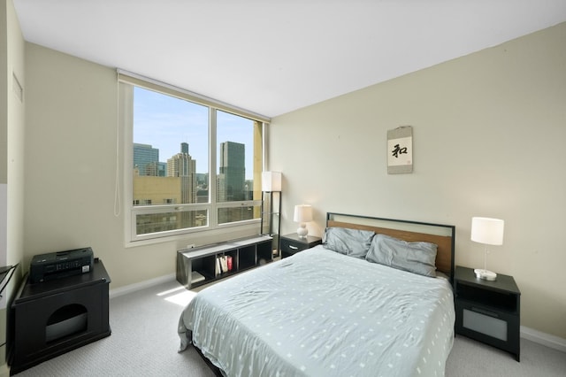 carpeted bedroom with baseboards and a skyline view