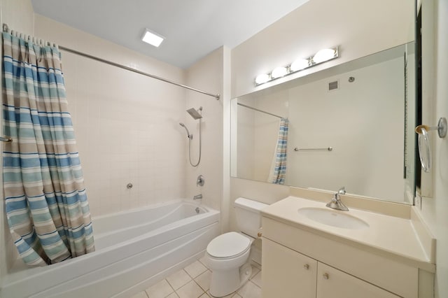 bathroom featuring shower / bath combination with curtain, tile patterned floors, toilet, and vanity
