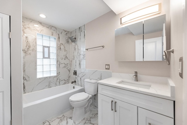 11311 S Stewart Ave, Chicago, IL 60628 - full bathroom with marble finish floors, toilet, tile walls, vanity, and shower / washtub combination