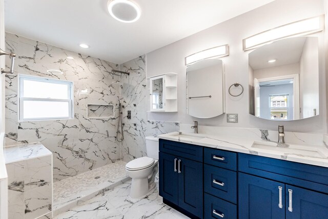 11311 S Stewart Ave, Chicago, IL 60628 - bathroom featuring toilet, a marble finish shower, double vanity, marble finish flooring, and recessed lighting