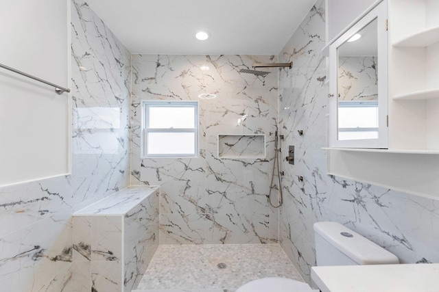 11311 S Stewart Ave, Chicago, IL 60628 - bathroom with tile walls, toilet, a marble finish shower, recessed lighting, and vanity